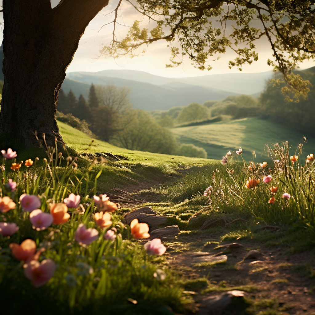 Hills landscape with colorful flowers