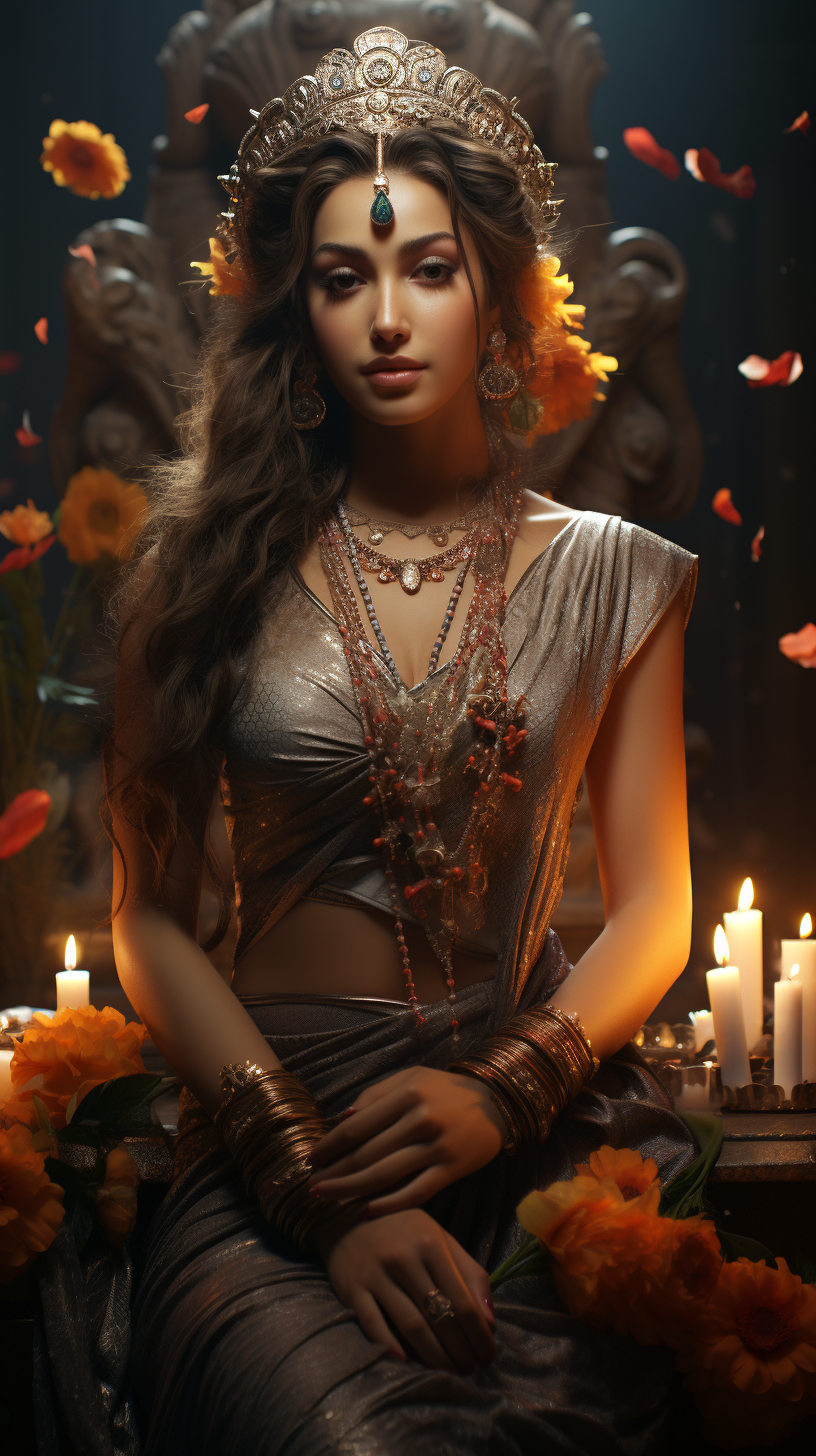 Hindu goddess Laksmi surrounded by energy lights and flowers