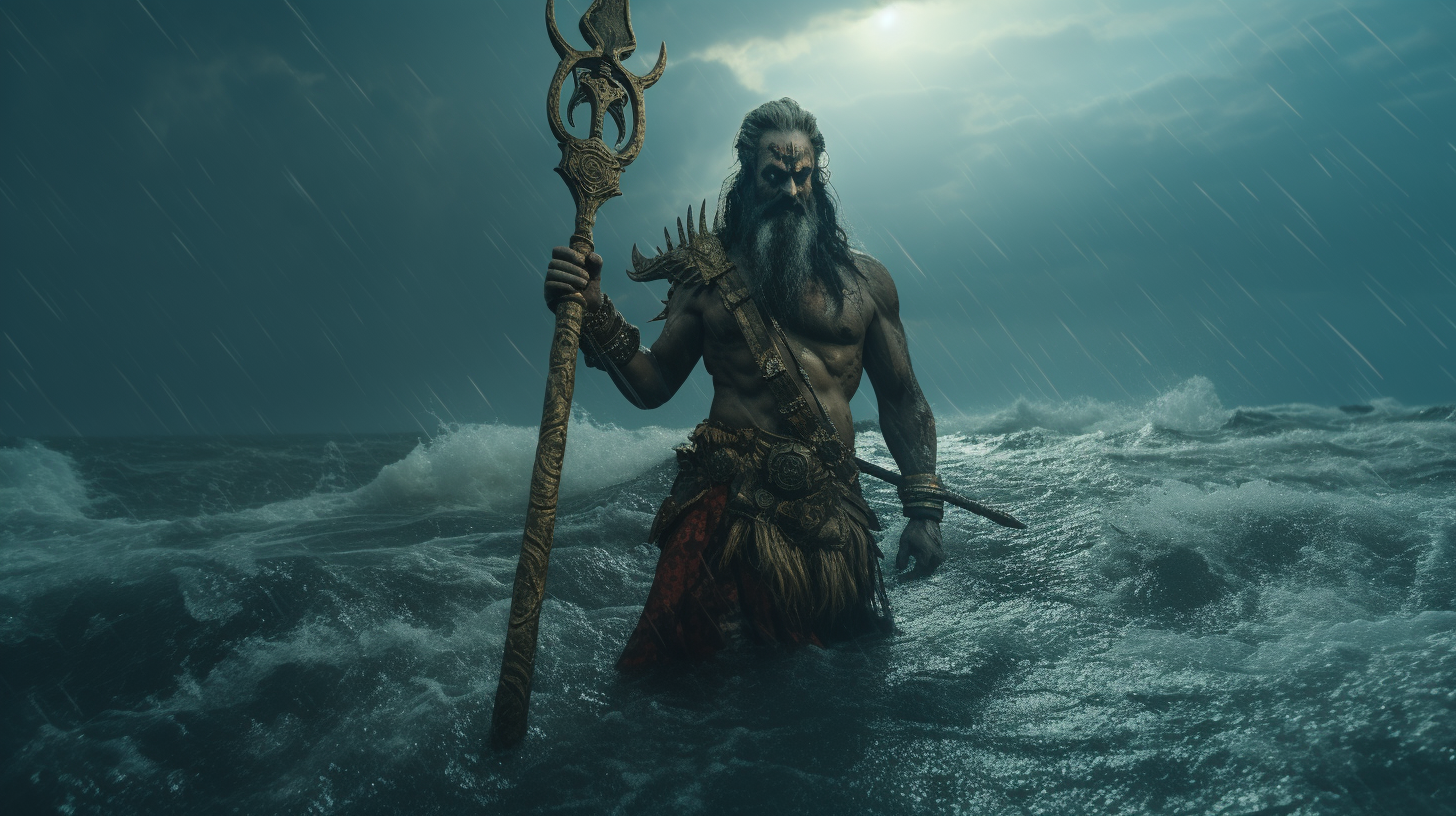 Lord Parashuram throwing axe into the ocean