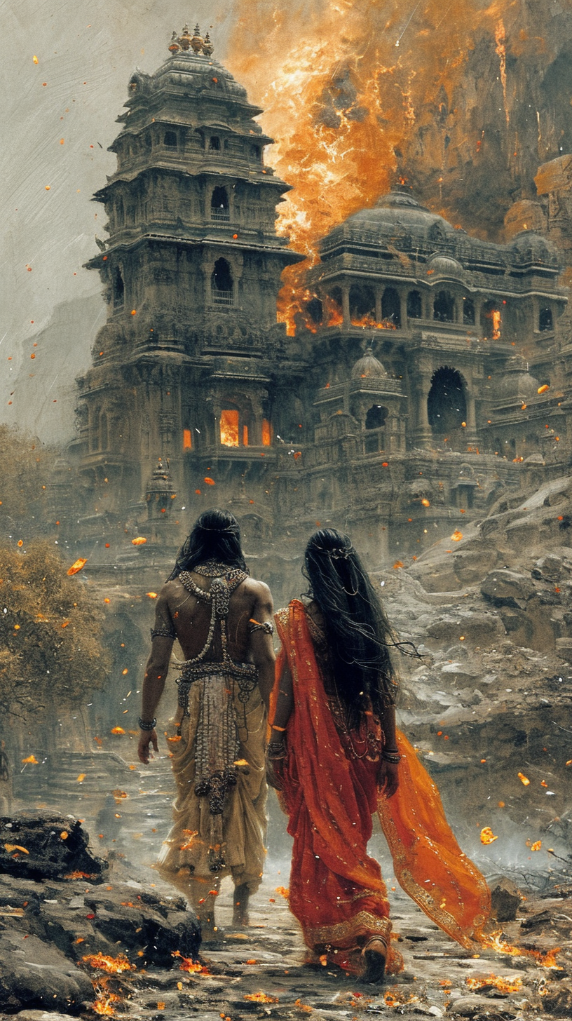 Hindu prince Rama and his wife Sita walking in ancient Ayodhya