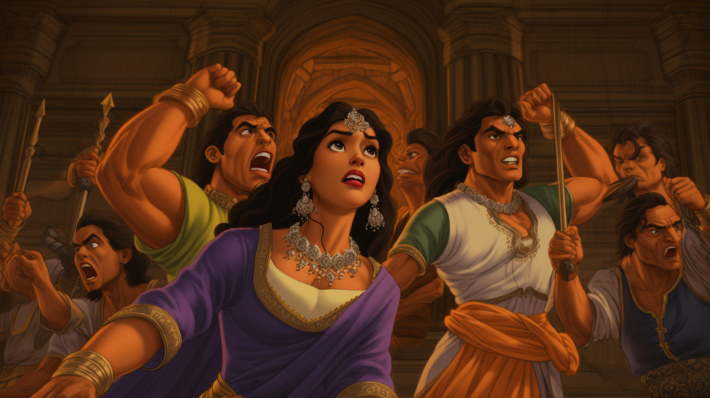 Dark-skinned Hindu Princess Draupadi clutching sari in outrage