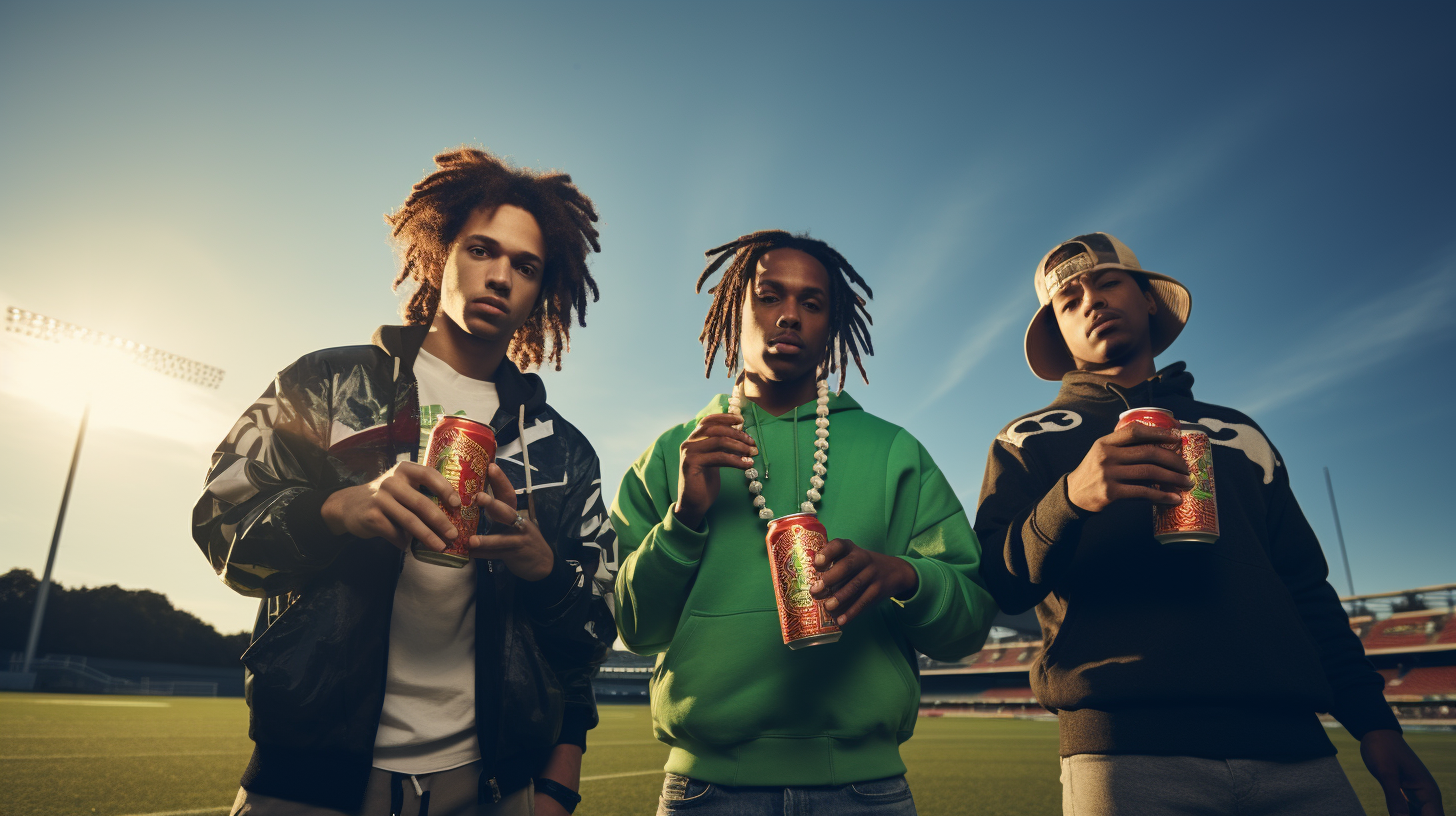 Three young hip hop singers on an American Football field