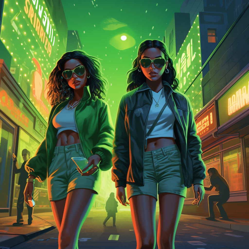 Hip hop style with green LEDS and girls walking to 80's diner