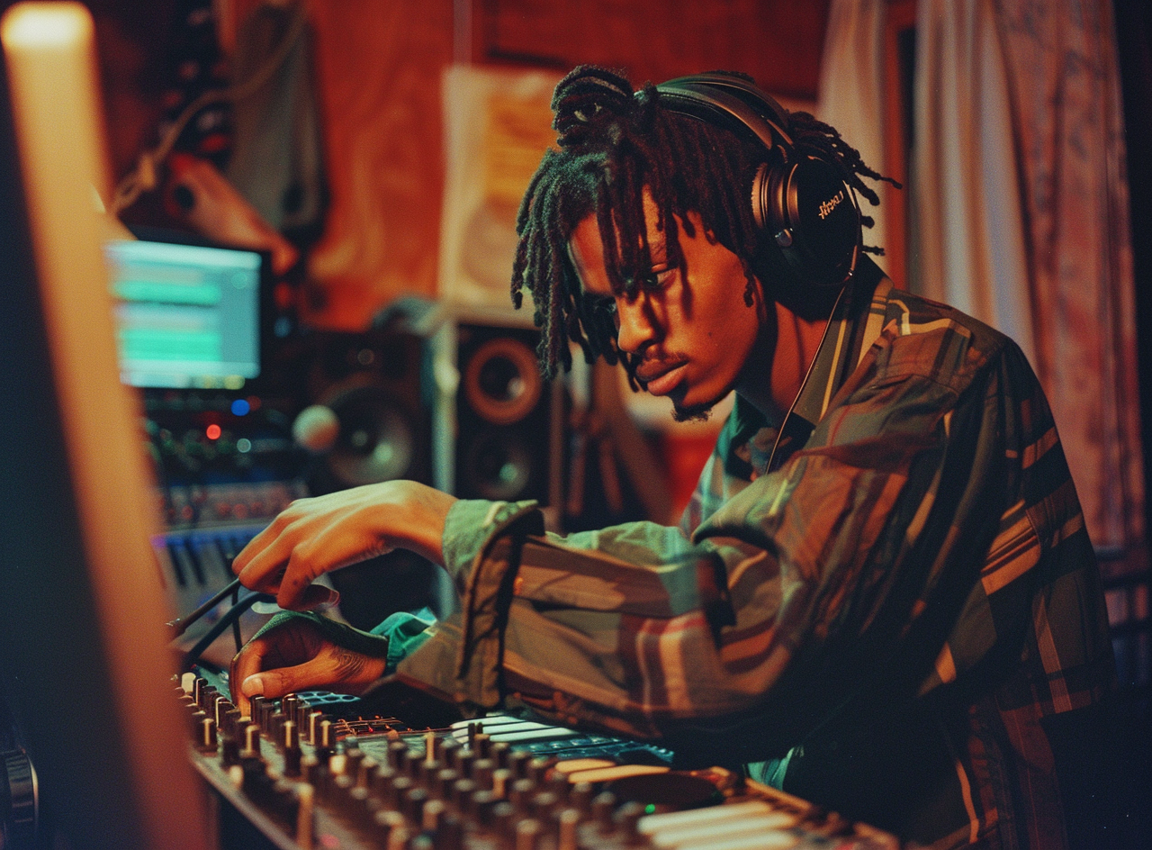 Hip young man with dreads producing music