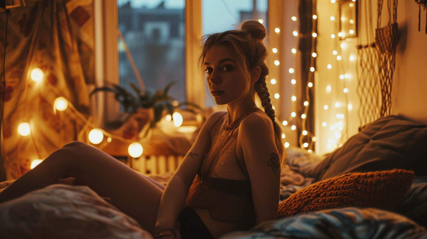 Beautiful hip skinny woman in Parisian bedroom