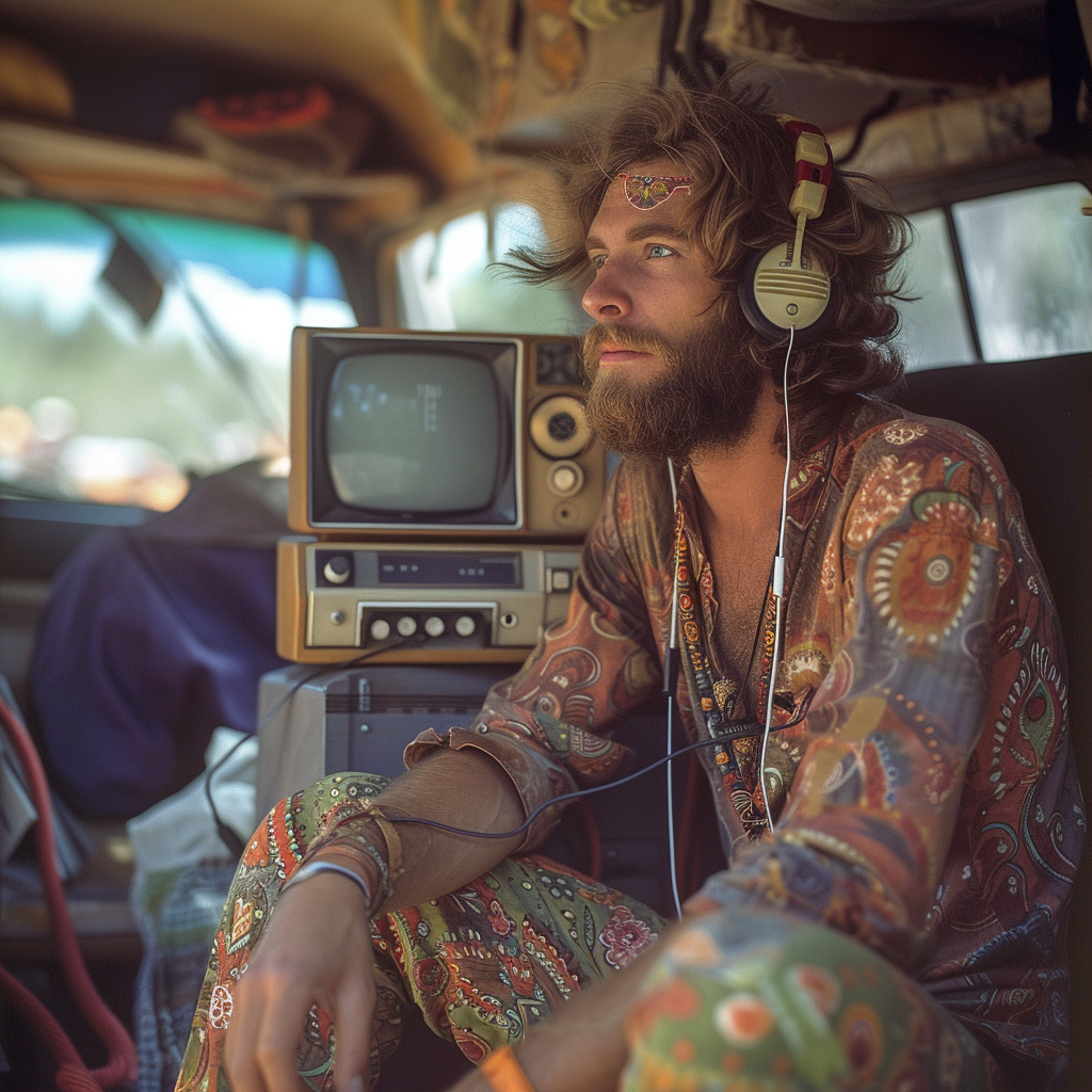 1960s hippie man music cassette player