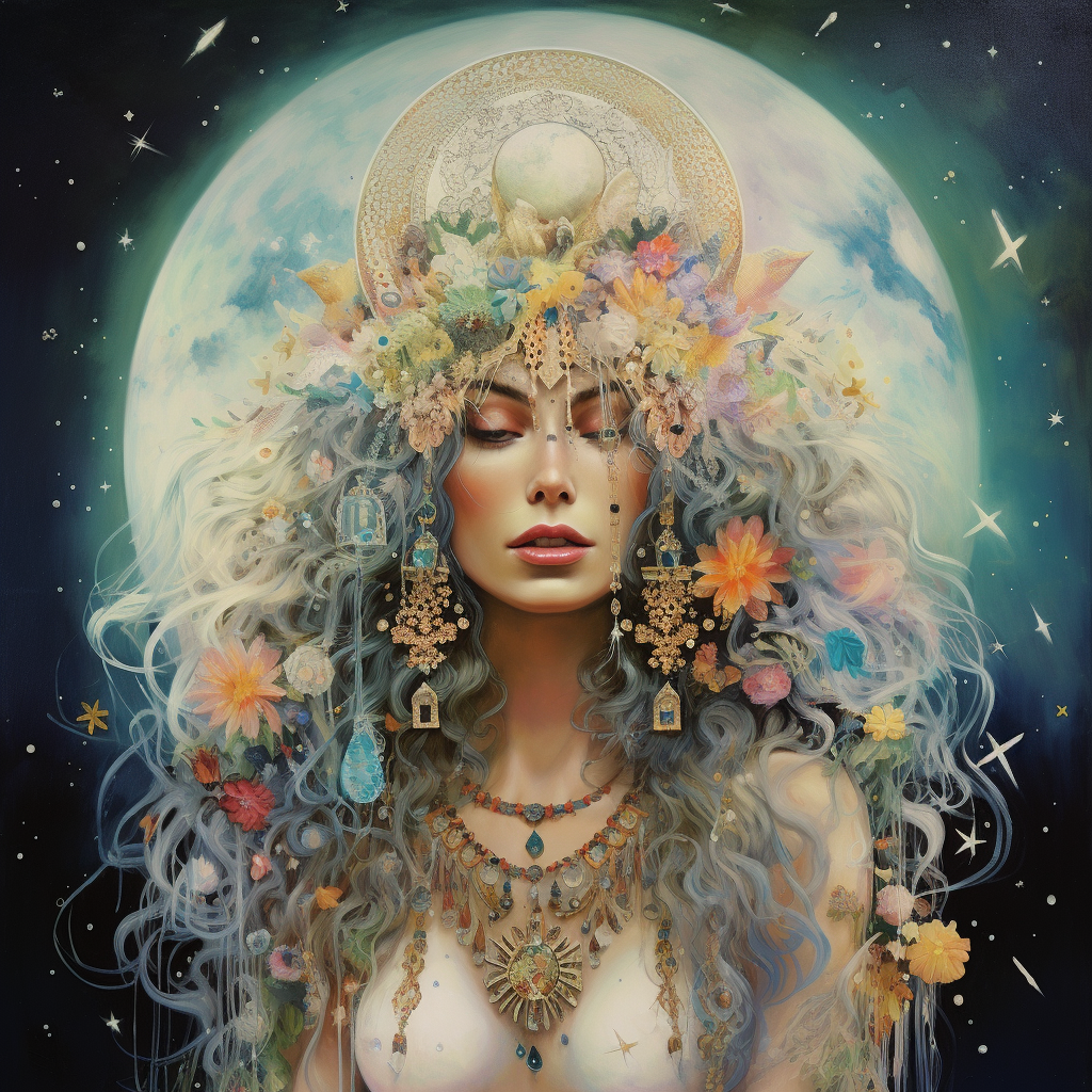 Beautiful hippie moon goddess embracing her inner spirit