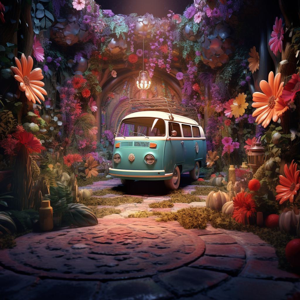 Colorful hippy scene backdrop with flowers