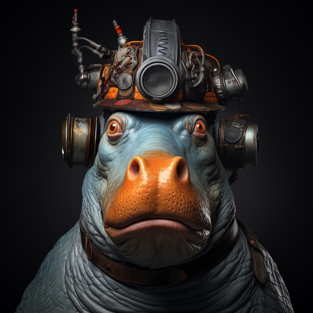 Hippo with chicken head wearing a helmet