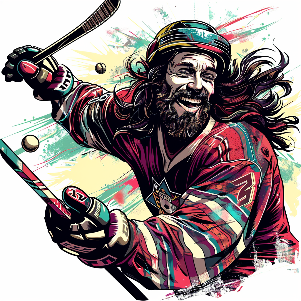 Jesus playing hockey with hippy style