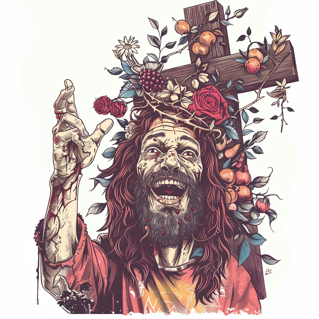 Hippy Jesus smiling holding cross