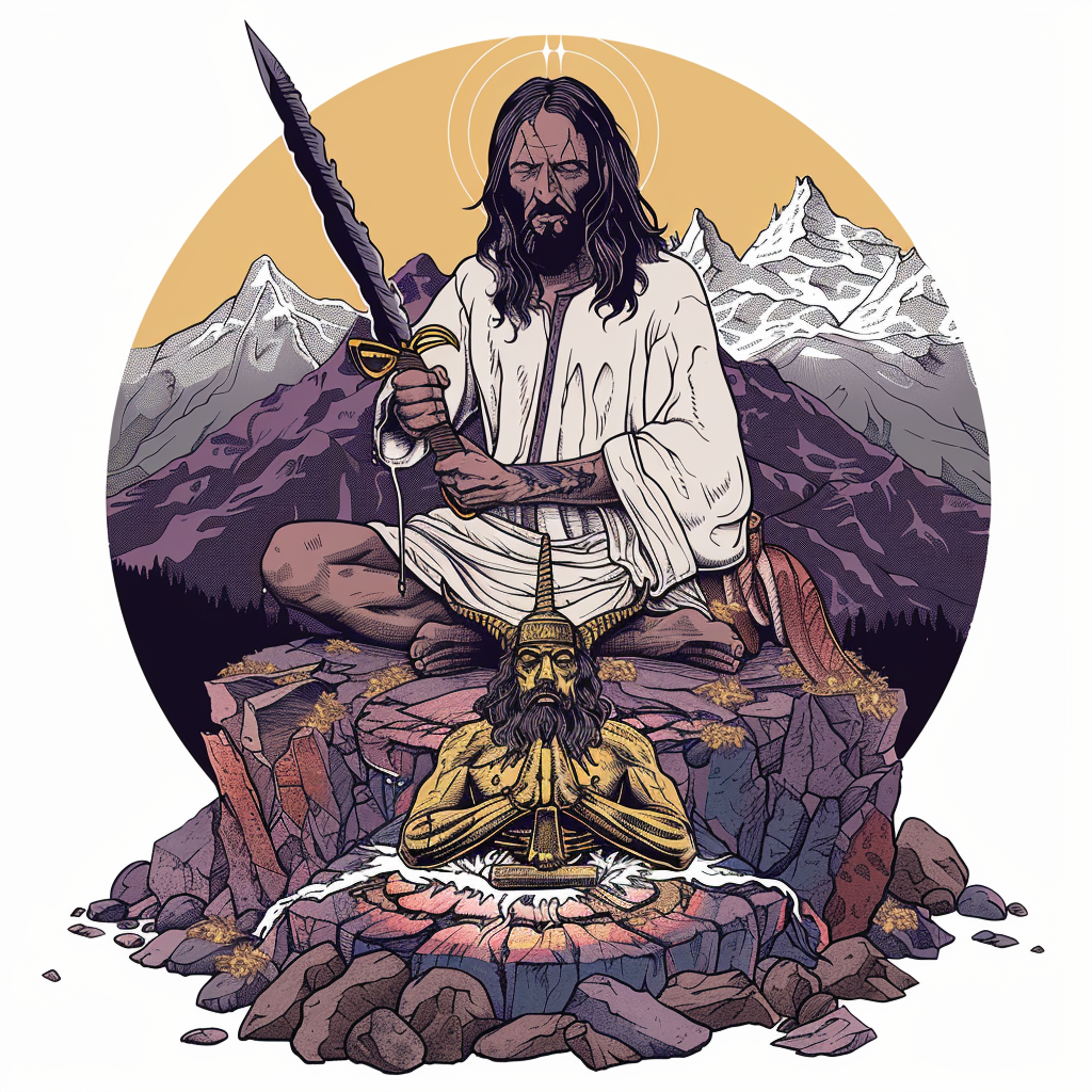 Hippy Jesus chopping gold Baphomet idol