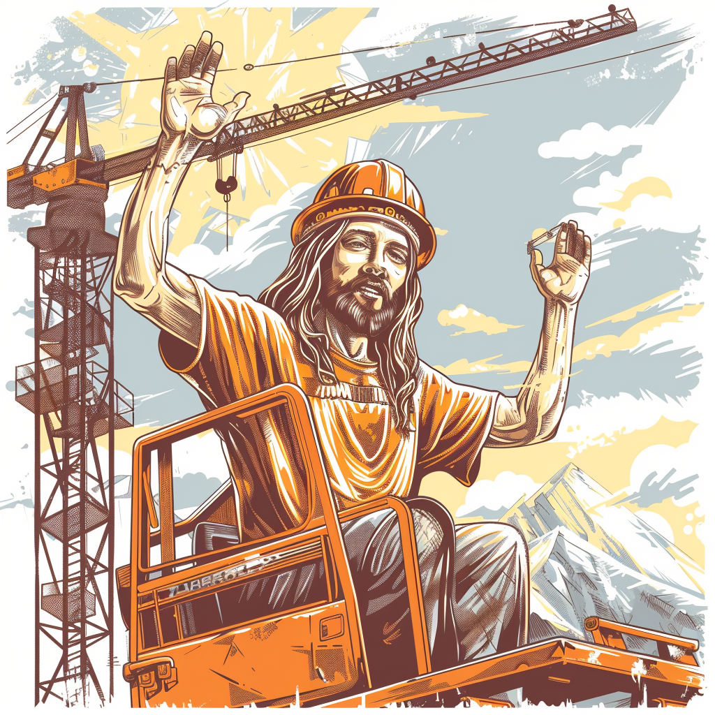 Jesus driving crane waving