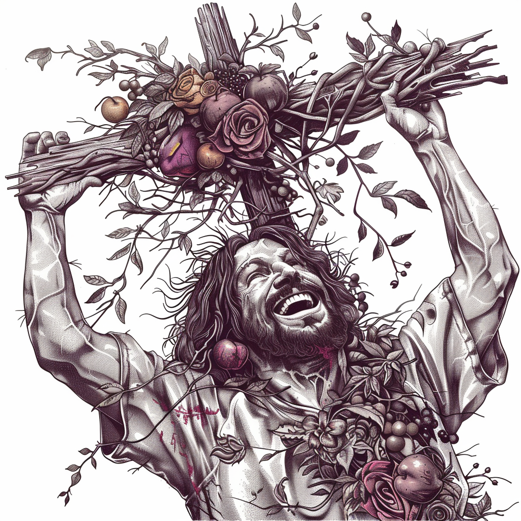 Hippy Jesus holding vine-wrapped cross