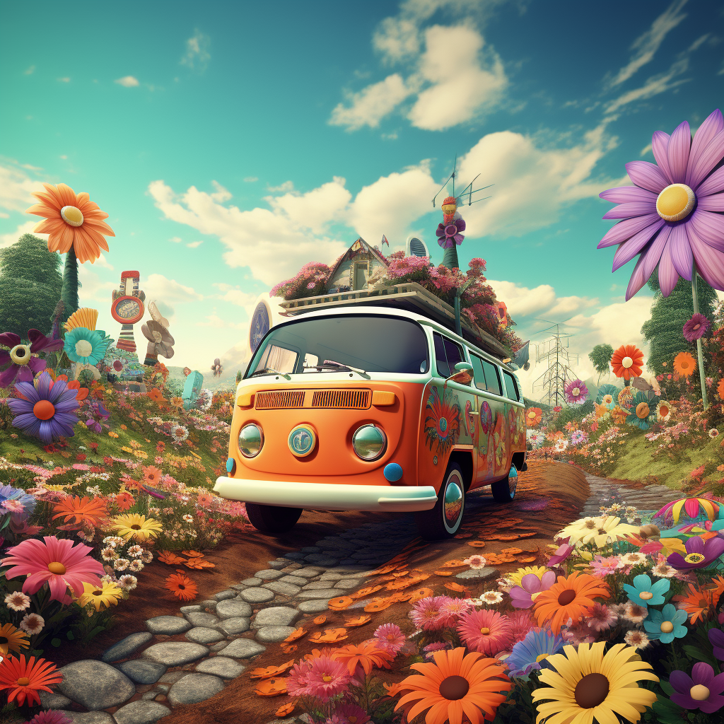 Colorful hippy scene backdrop with flowers