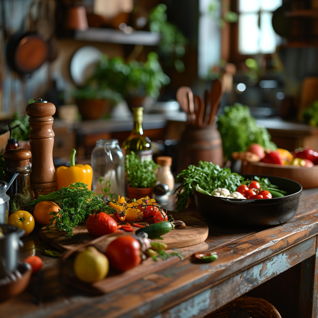 Hipster healthy cooking show set at island table