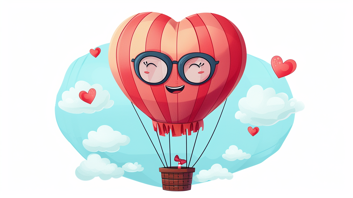 hipster heart character hot air balloon