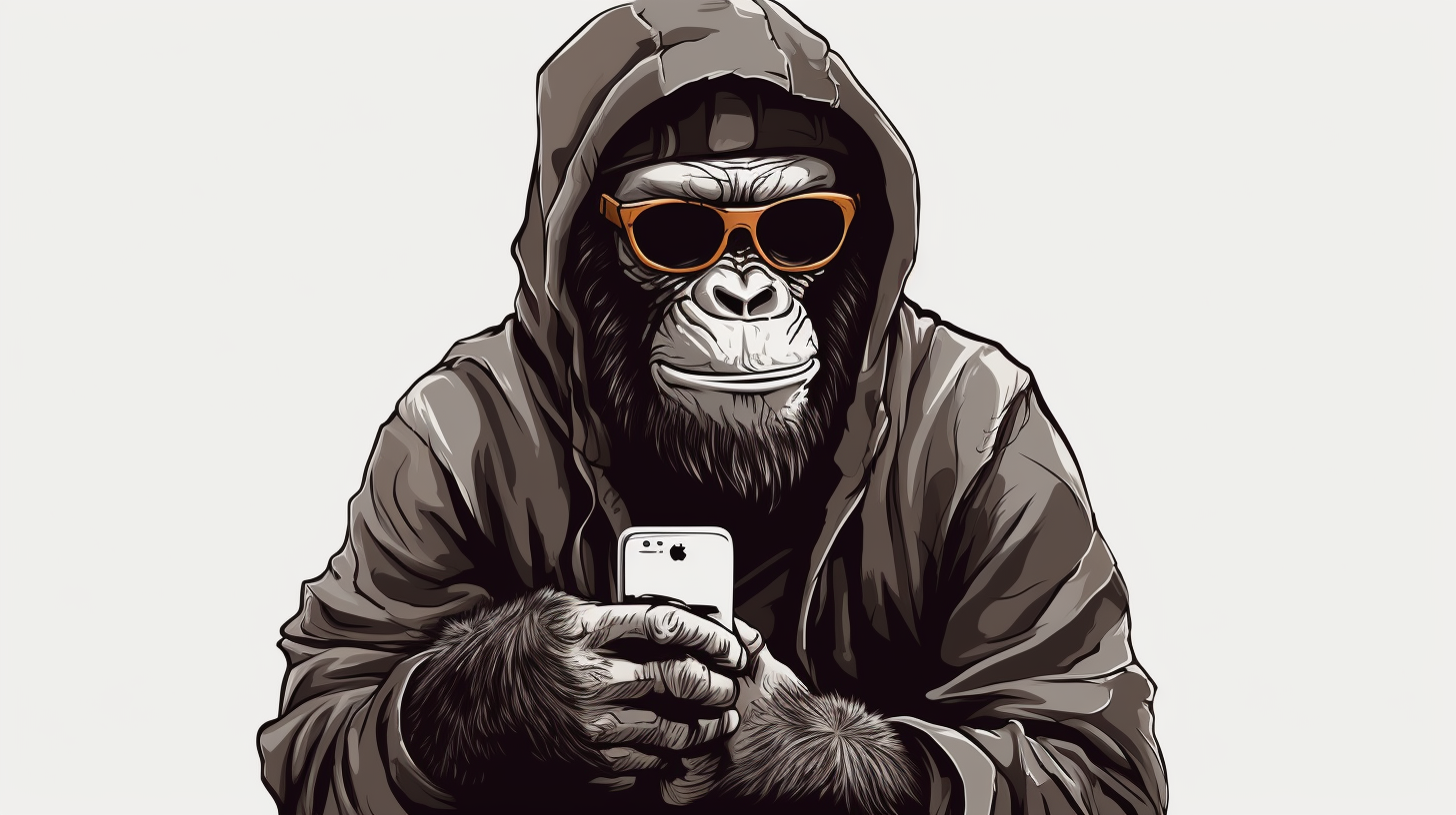 Hand drawn chimpanzee holding smartphone