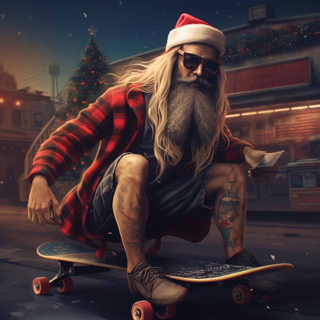 Hipster Santa on skateboard with presents