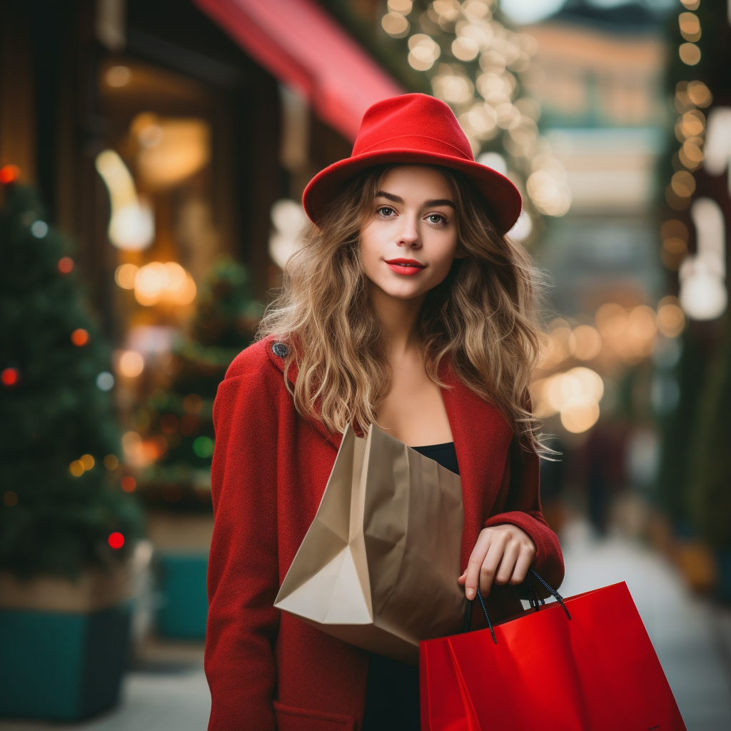 Young woman hipster with shopping bags on festive street