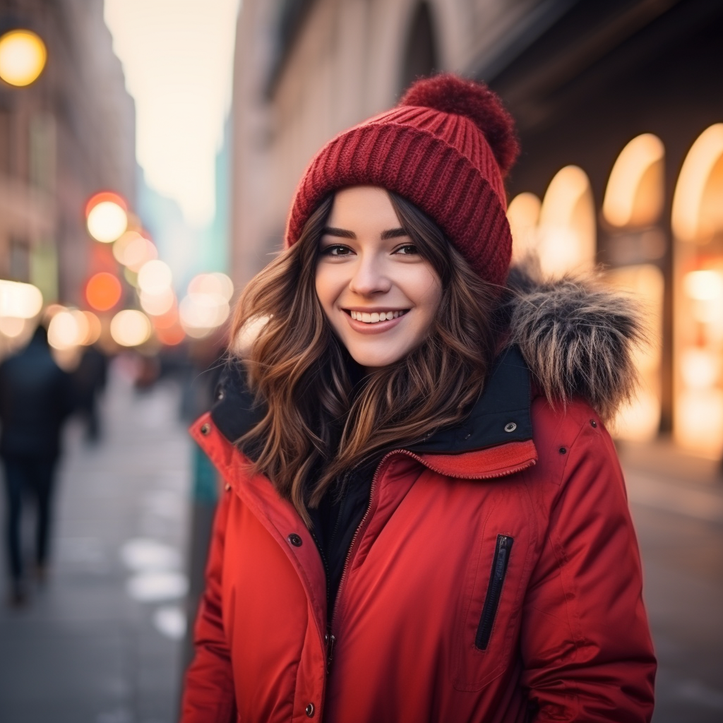 Smiling hipster woman in red winter jacket in the city