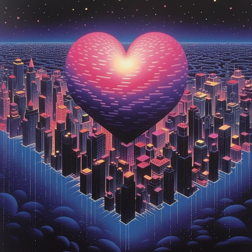 Dark cyberspace art print with pink heart