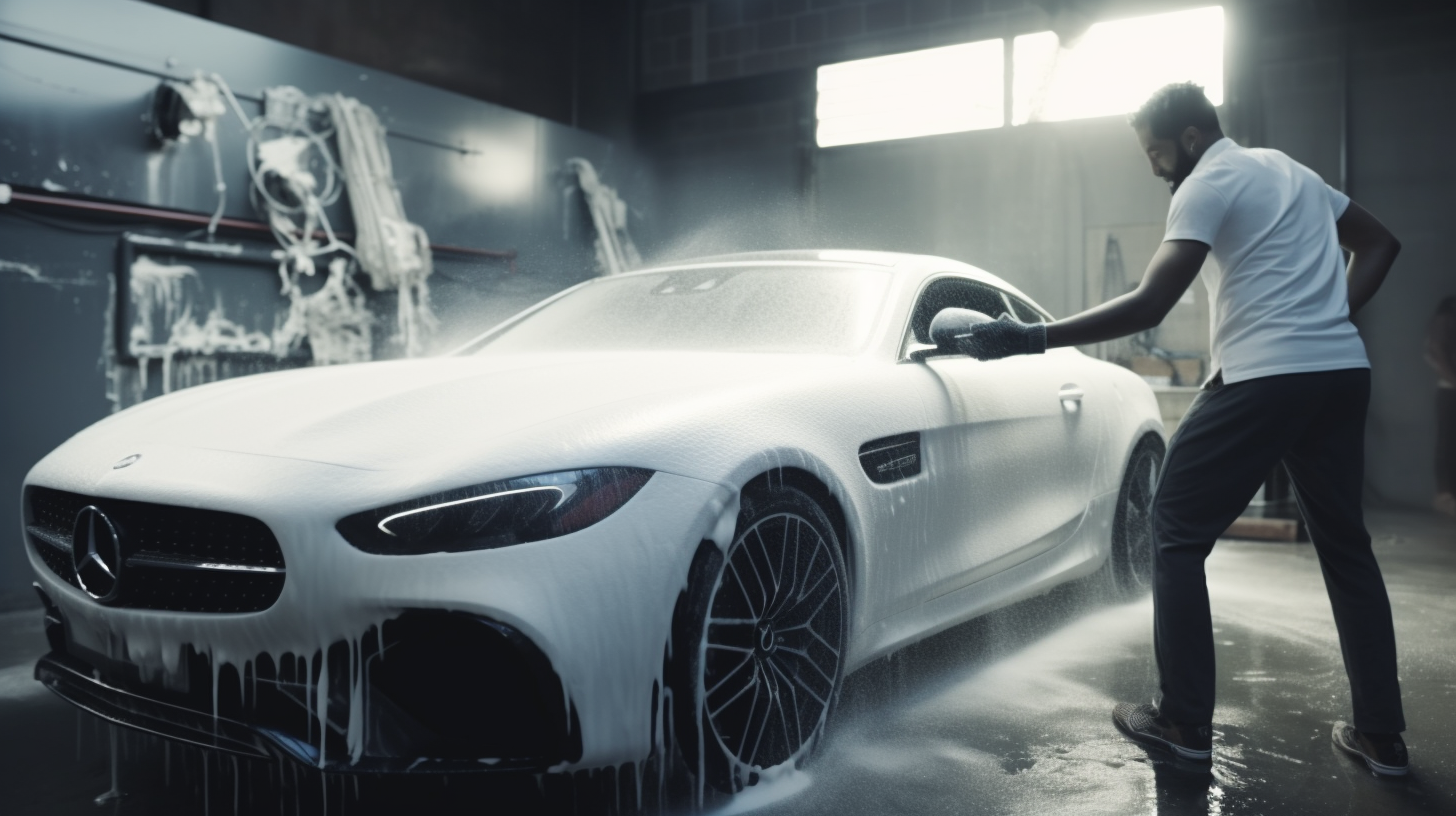 Hispanic car wash attendants detailing sports car with soapy foam