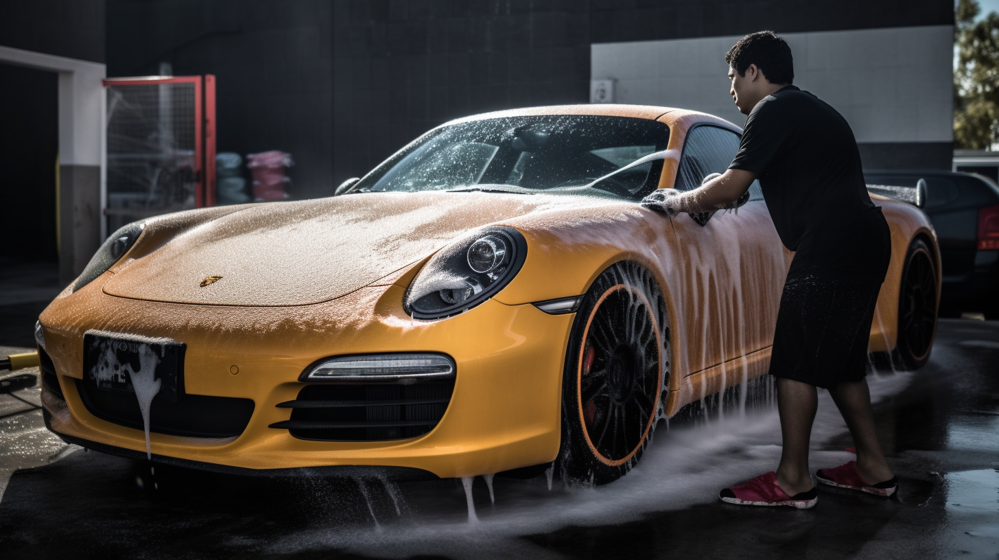 Hispanic Car Wash Attendants with Soapy Foam on Sports Car