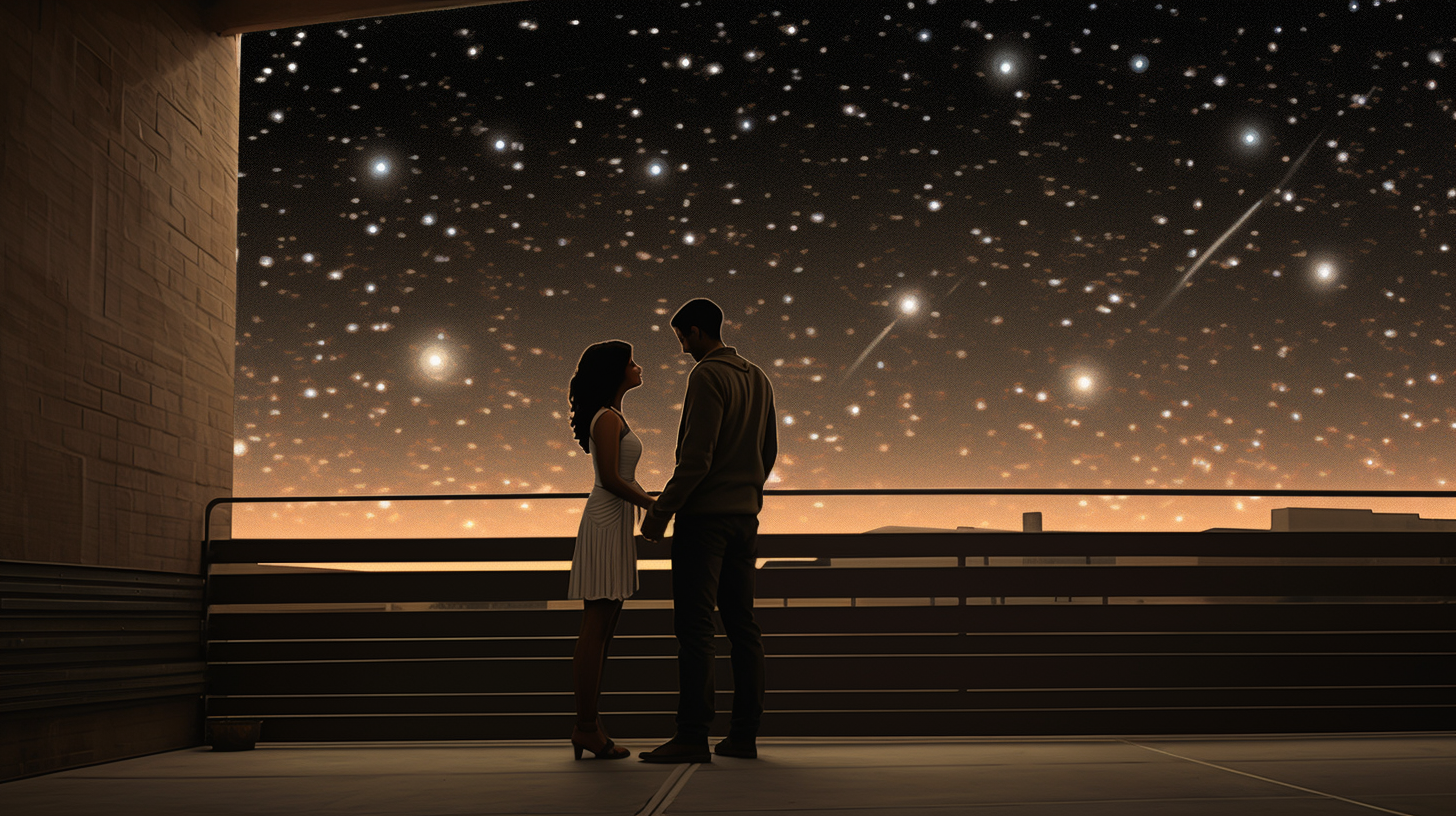 Hispanic couple embracing in city garage at night