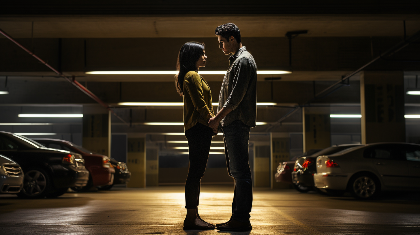 Hispanic couple in dimly lit city parking