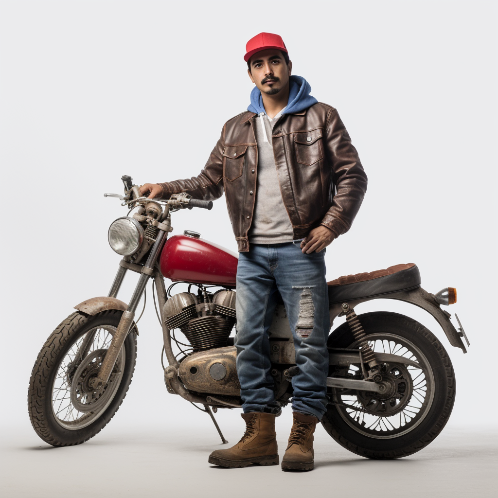 Hispanic man on motorcycle with denim jacket