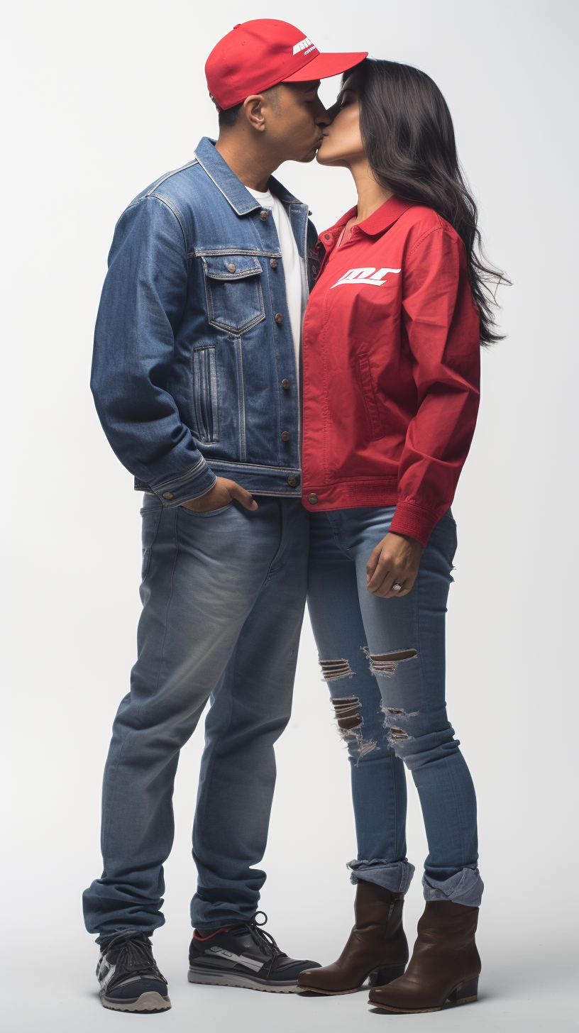 Hispanic man and woman kissing wearing denim jacket and helmet