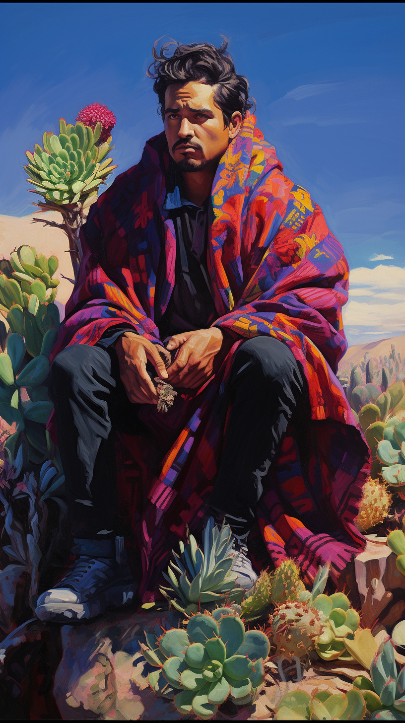 Handsome Hispanic Man on Colorful Giant Cholla Cactus