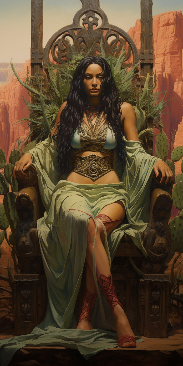 Beautiful hispanic woman on cholla cactus throne