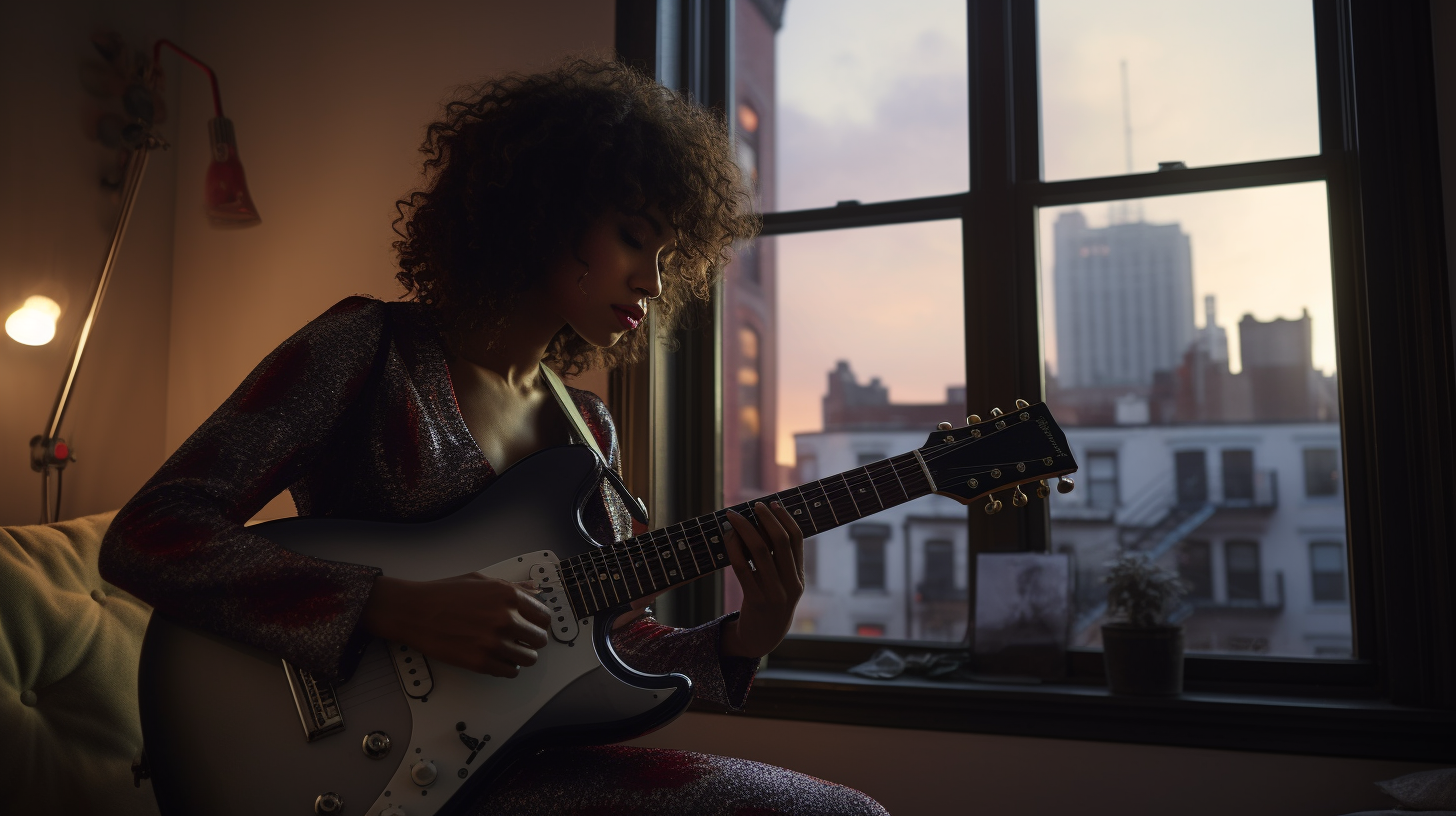 Hispanic woman playing electric guitar in NYC apartment