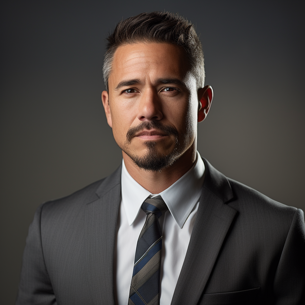 Portrait of Hispanic man in gray suit with goatee