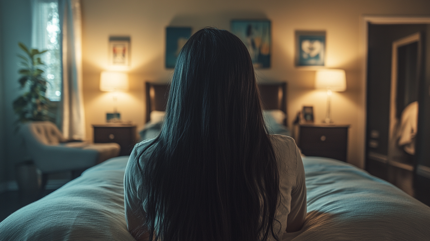 Hispanic woman in cozy bedroom