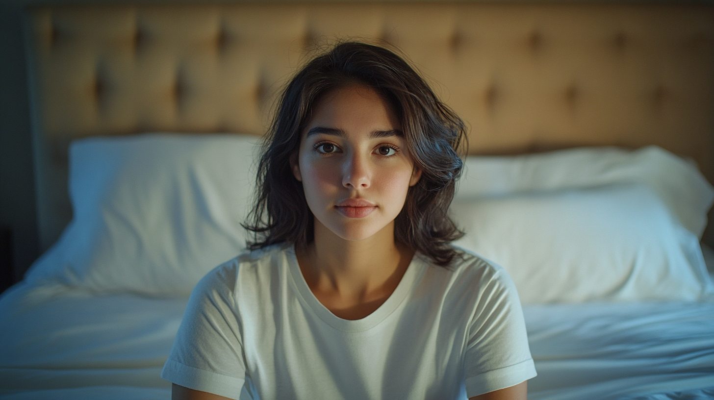 Hispanic woman sitting in bed smiling