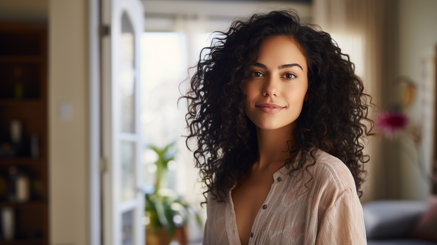 Hispanic woman dark hair modern apartment