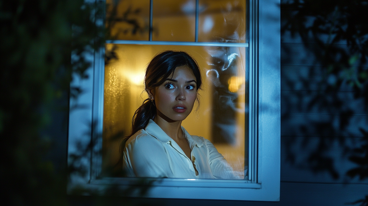 Hispanic woman in pajamas night scene