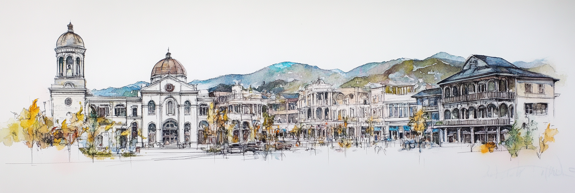 Historic Town Municipal Center Watercolor Image