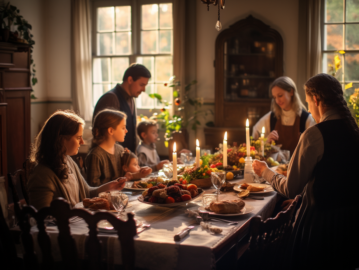 Family serving Thanksgiving dinner in historic home