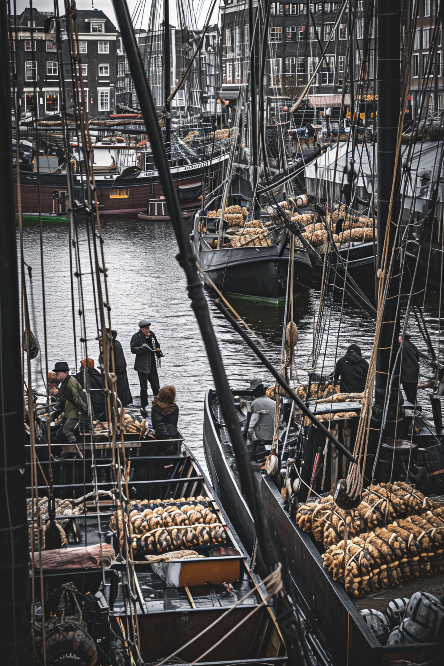 Busy workers loading ships in Amsterdam