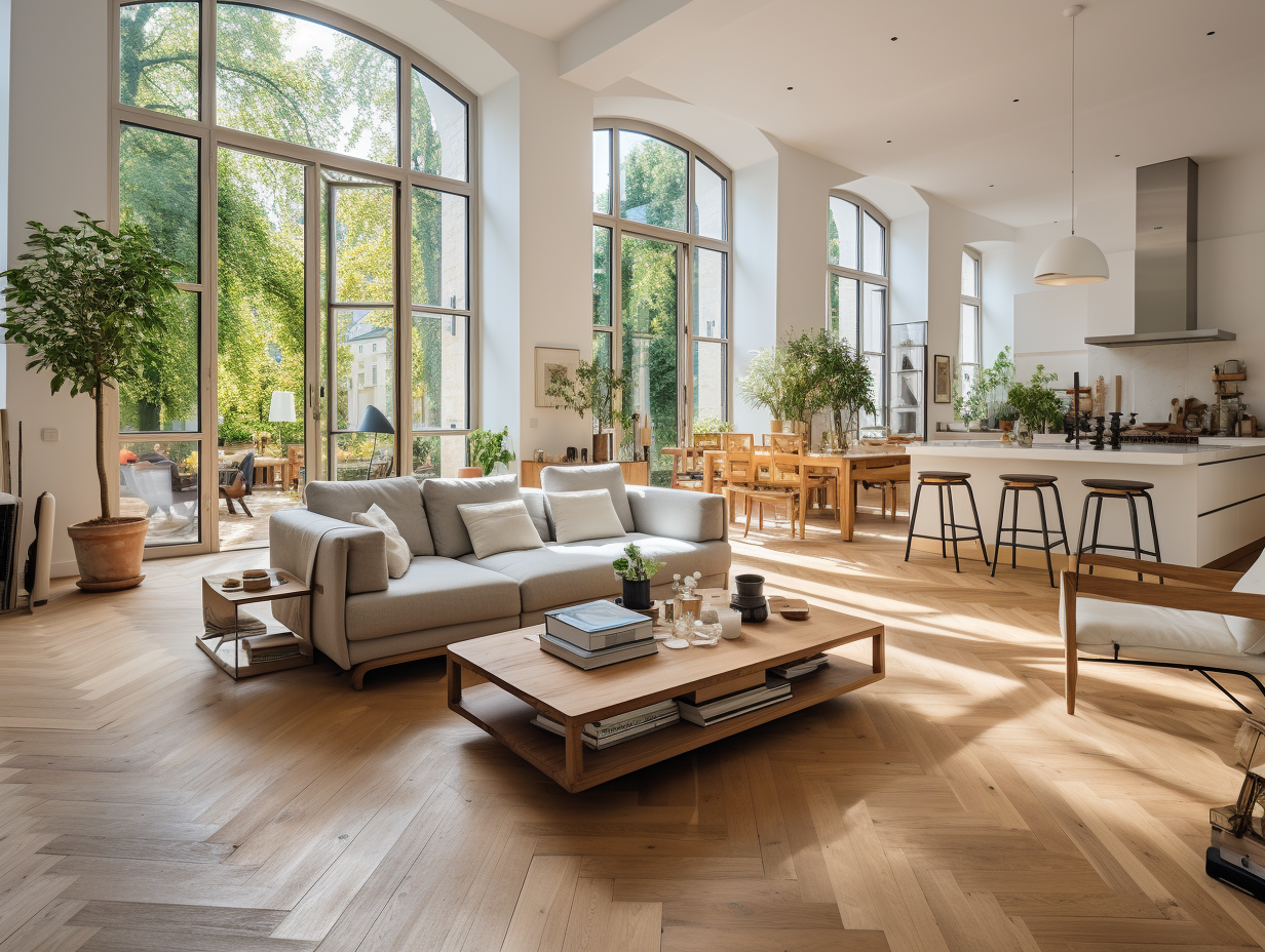 Modern and minimalist living room with parquet flooring