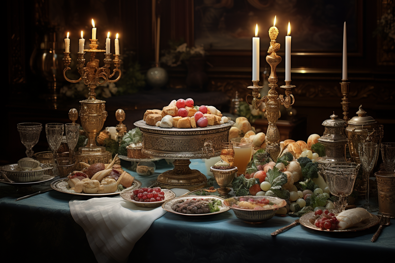 Historical supper table with meats and vegetables