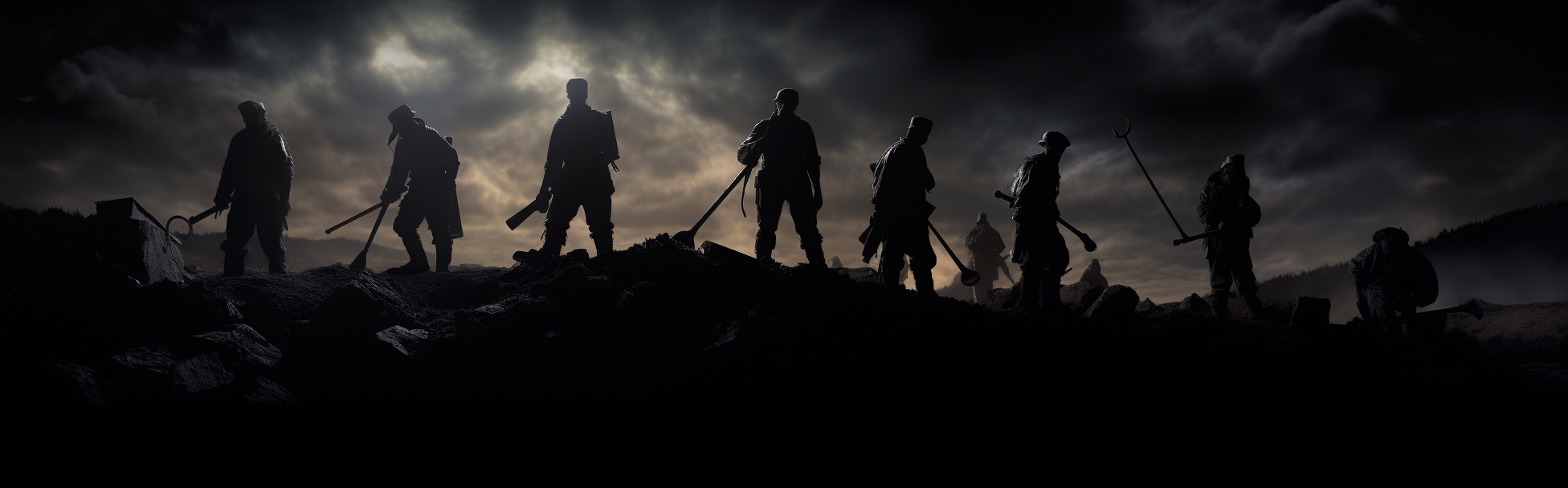 Silhouettes of laborers and soldiers in darkness