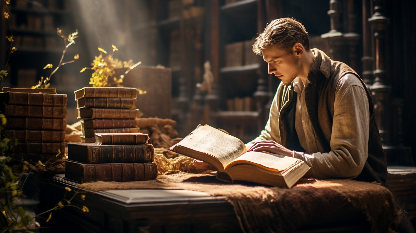 person reading history book in library