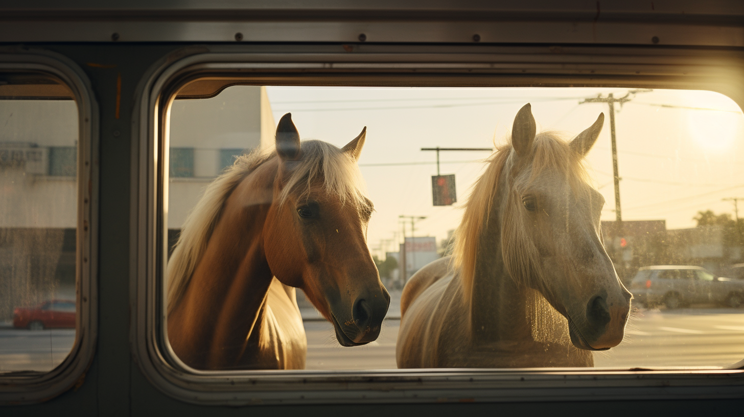 Two horses seen through hitching trailer windows