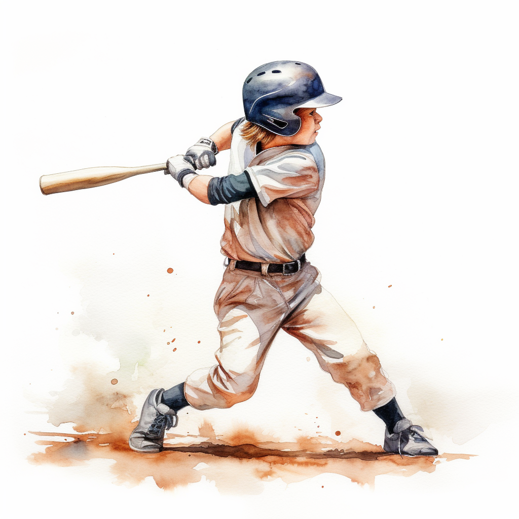 Kid hitting baseball in watercolor style