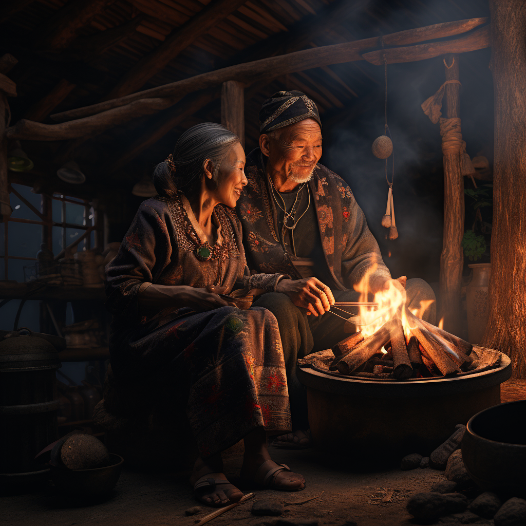 Hmong culture - Elderly couple around firepit